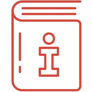 red outlined book icon with i in the middle